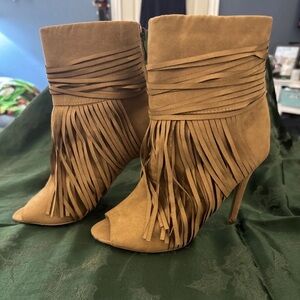 Charlotte Russe Tan Suede Fringe Peep-Toe Stiletto Booties